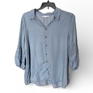 Jane & Delancey Lyocell Chambray Blue Button Down 3/4 Sleeve Top Shirt Size 1X